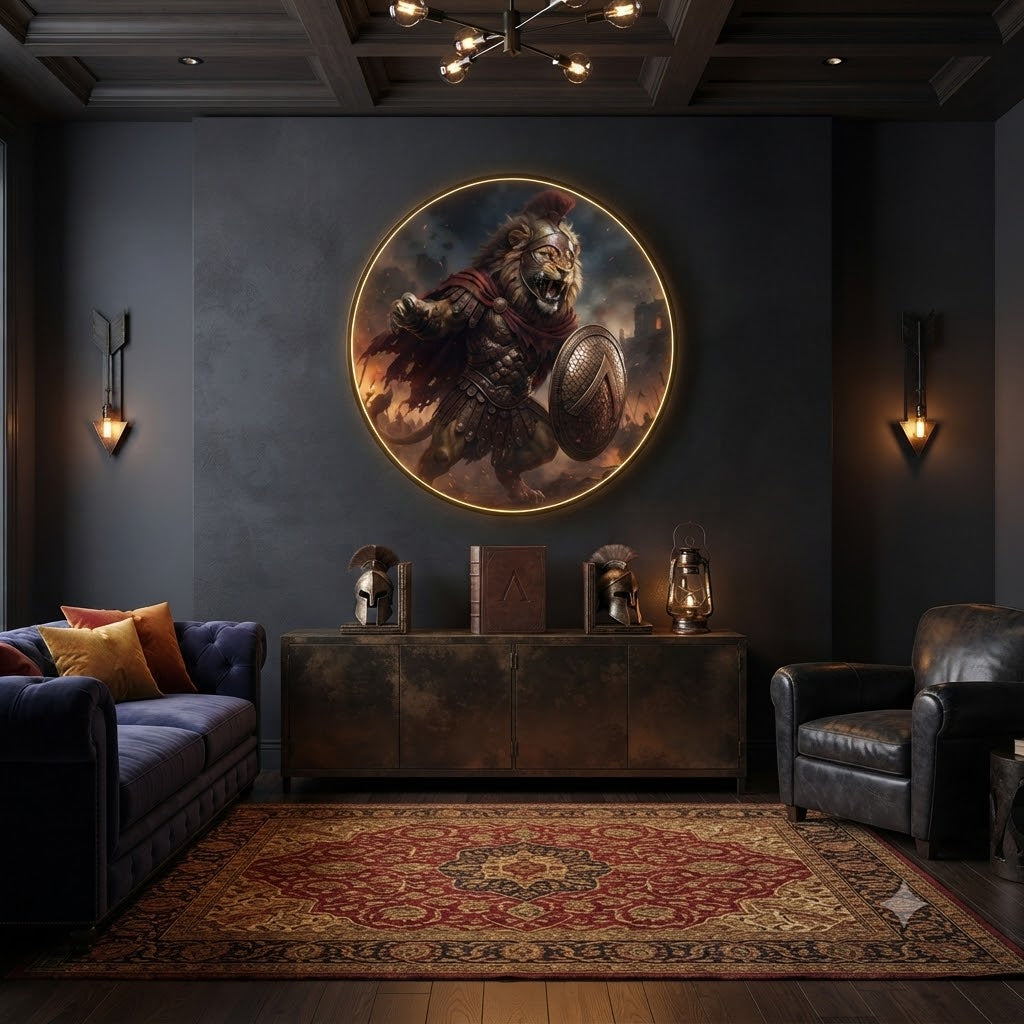 Spartan Lion Warrior LED Round Wall Art led 179