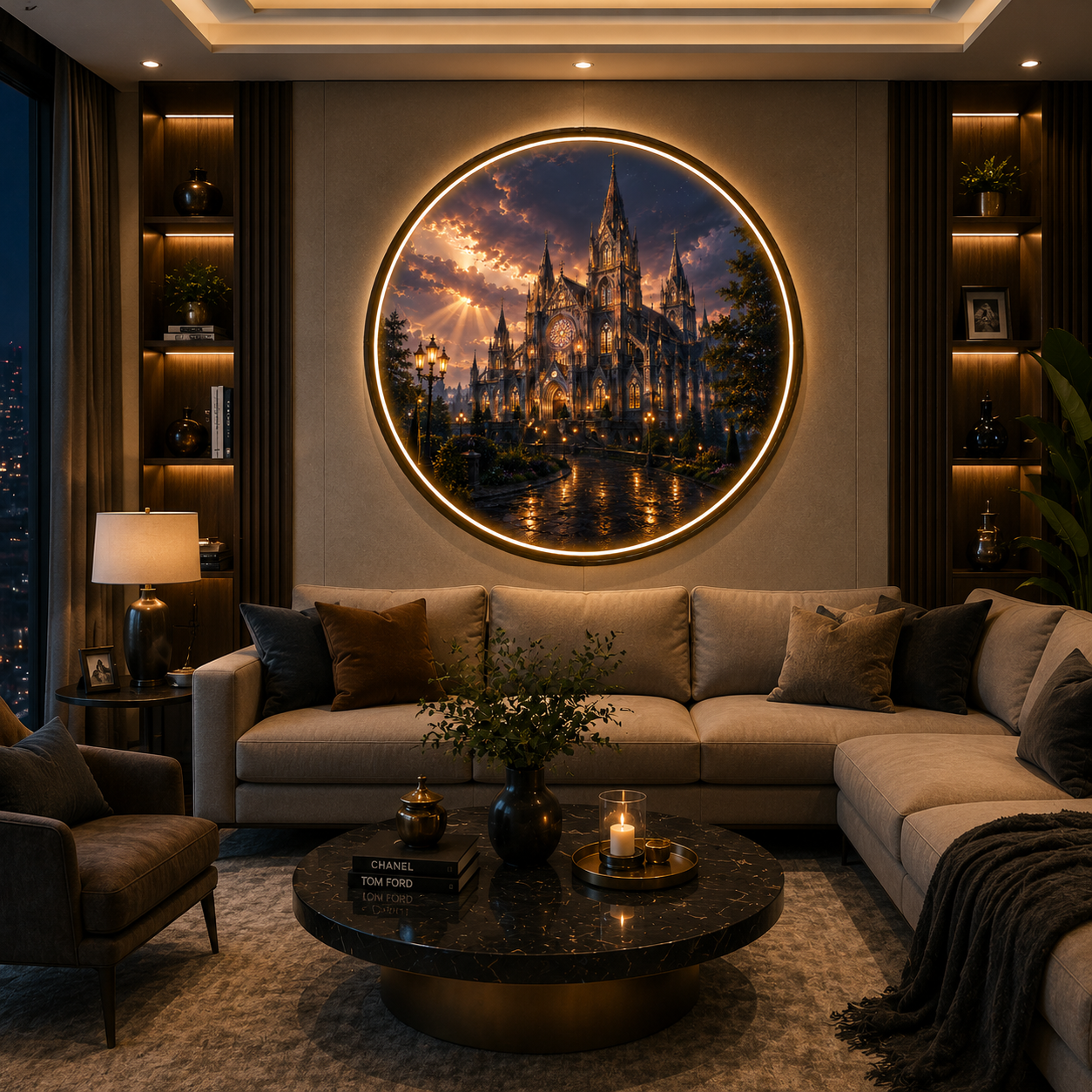 Gothic Cathedral Twilight: Illuminated Circular LED Wall Art led 155