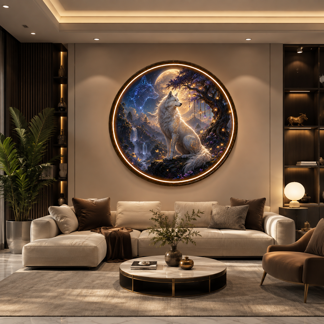 Mystical White Wolf Fantasy LED Wall Art – Enchanted Moonlit Forest Round Lighted Picture, Magical Animal Home Decor led 142