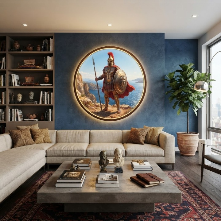 Greek Spartan Soldier Backlit Decor for Living Room - Round Illuminated Wall Art - Multiple Sizes Available Led
