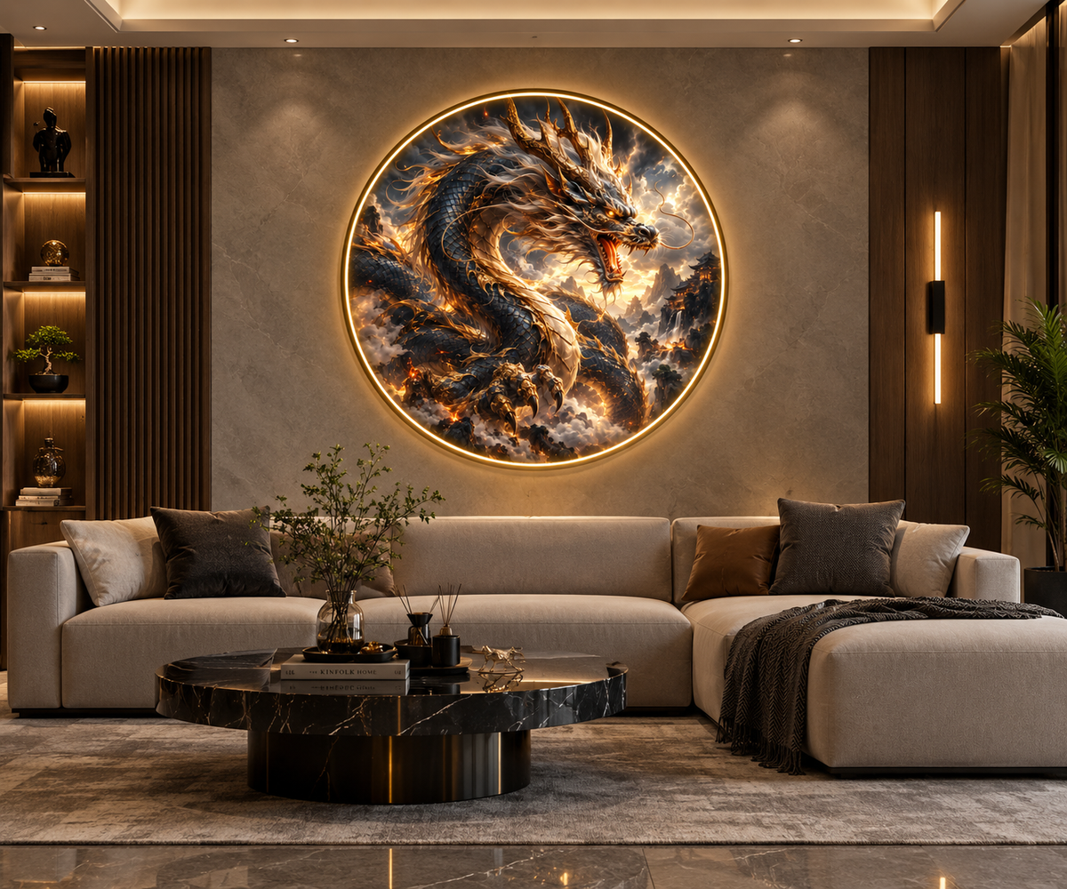 Mystical Golden Dragon LED Round Wall Art led 182