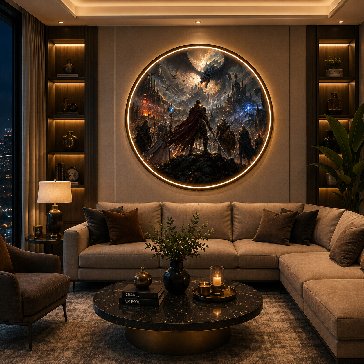 Epic Fantasy Dragon Battle: Illuminated Circular LED Wall Art led 154