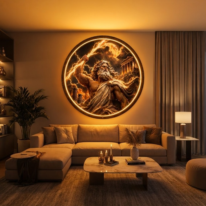 Greek God Zeus LED Wall Art, Round Illuminated Lighting Painting, 35/45/60cm Lightning Bolt  and Parthenon Decor, Ambient Night Light Led 58