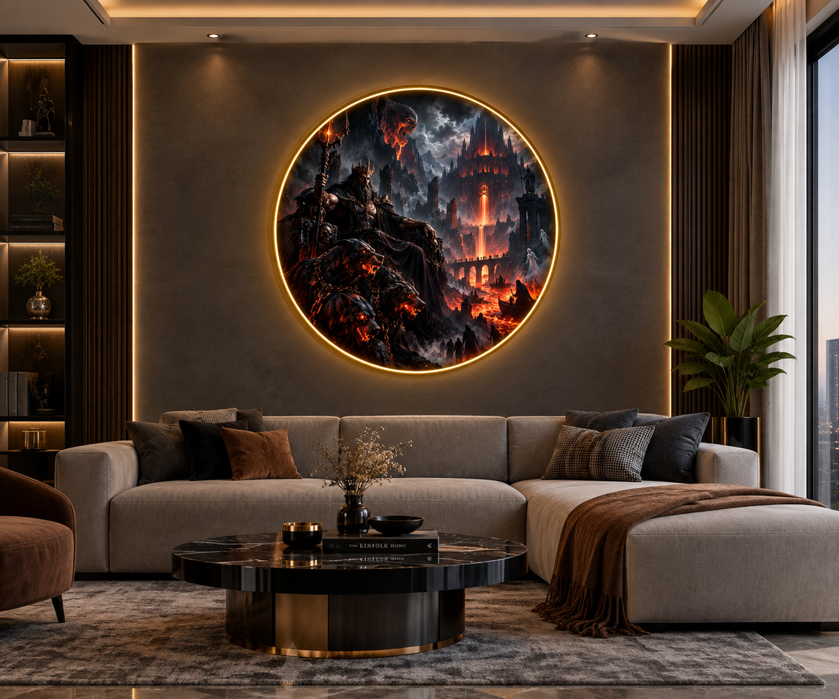 Dark Underworld King with Hellhounds LED Round Wall Art led 183