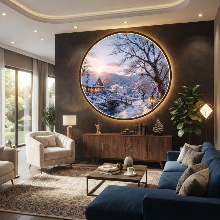 Round Winter Landscape Backlit Wall Art - Scenic Home Decor Painting with LED Lighting led 167