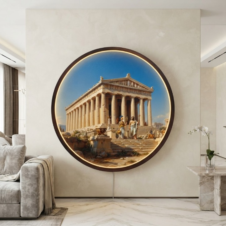 Ancient Greek Temple LED Round Wall Art | Modern Home Decor Light Painting with 3 Size Options and 12V Safe Driver System Led 46