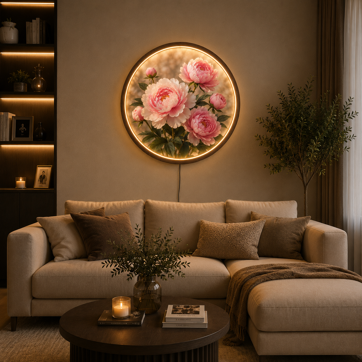 Pink Peony Flower LED Wall Art | Round Illuminated Floral Decor and Modern Home Accent Led 66