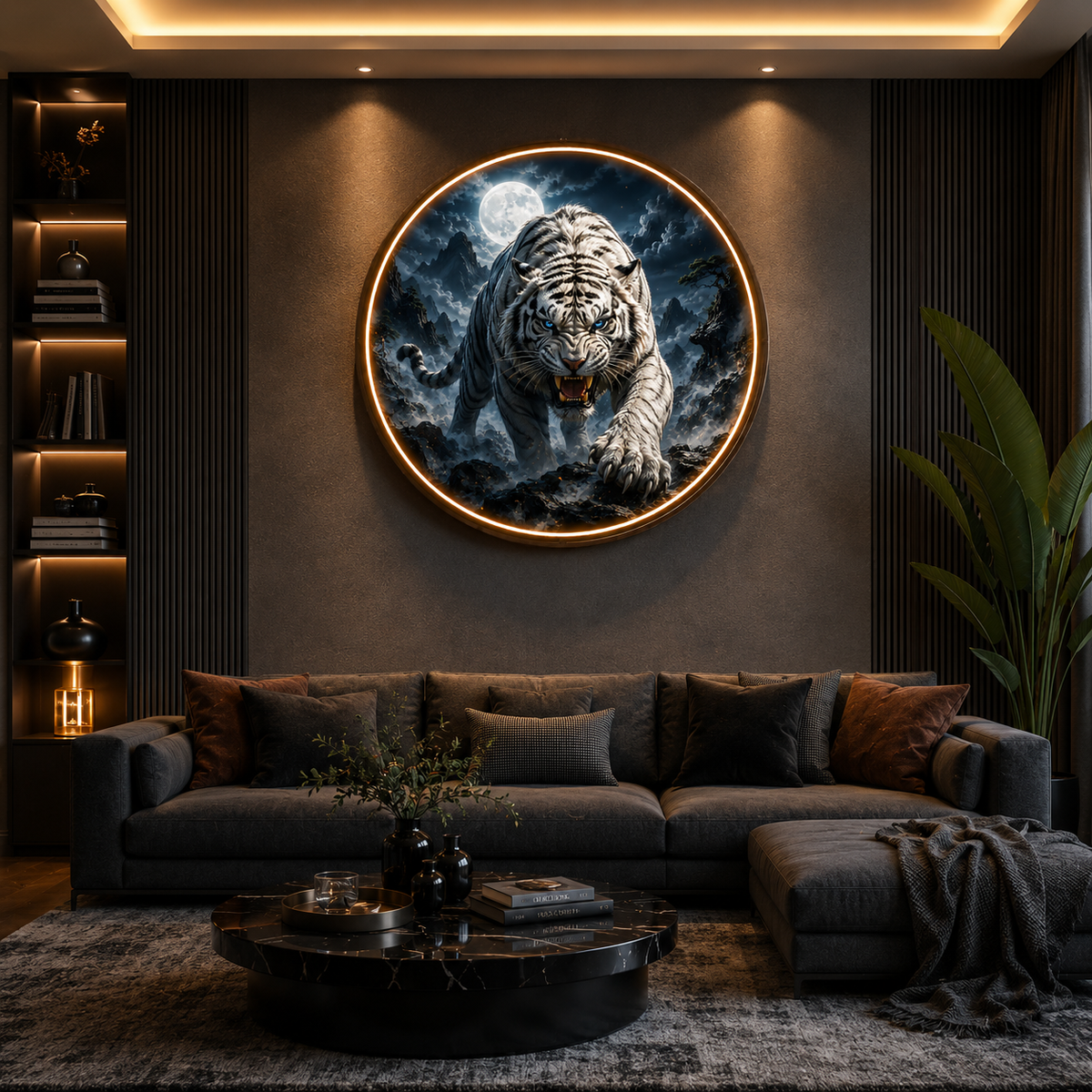 Round LED Glowing Wall Art - Fierce White Tiger and Full Moon Decor, Modern Home Living Room Lighting led 125
