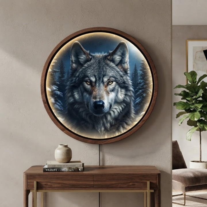 Handcrafted Round LED Wolf Wall Art - Winter Forest and Wild Wolf Illuminated Decor Led 5