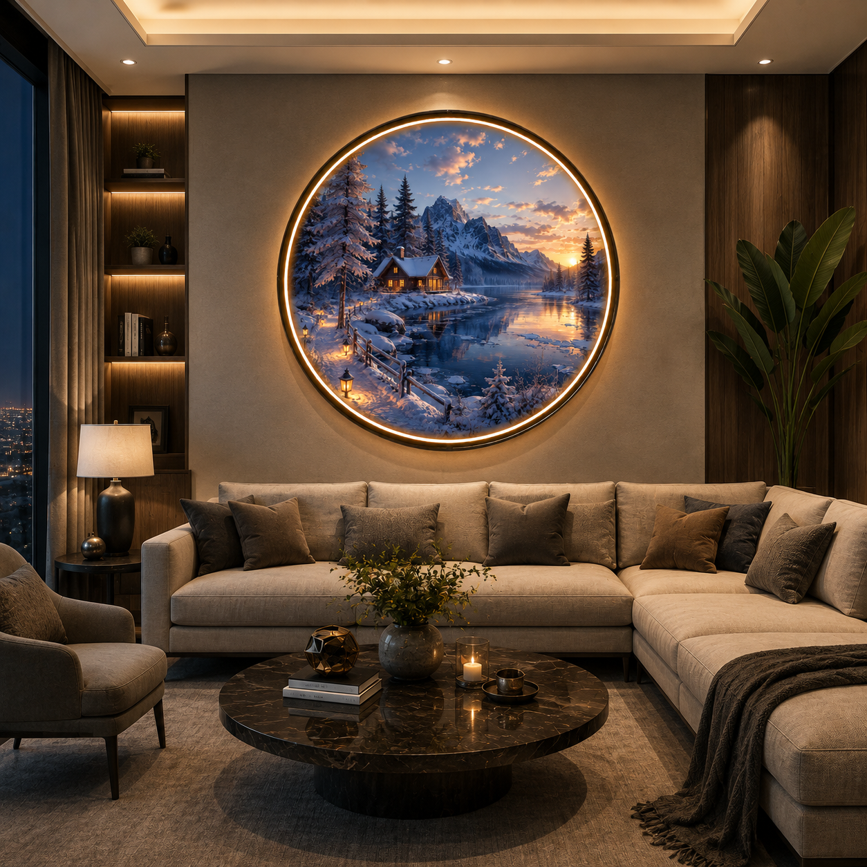 Golden Winter Sunset: Illuminated Circular LED Wall Art led 151