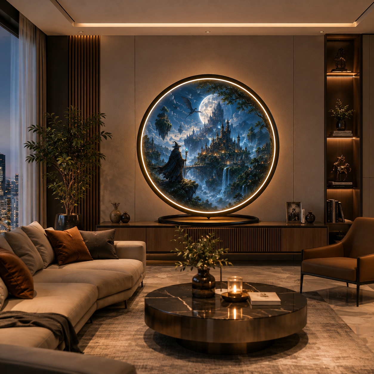 Fantasy Wizard & Castle LED Wall Art - Round Illuminated Moonlit Landscape with 12V Driver, Ambient Night Light for Living Room & Bedroom Decor led 89