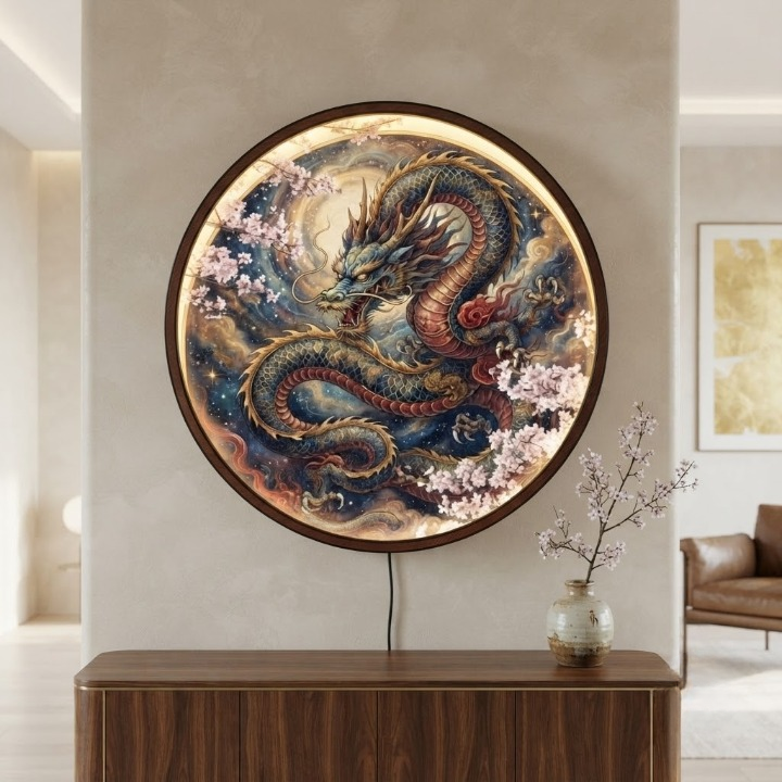 Mythical Dragon & Cherry Blossom Round LED Wall Art – Backlit Asian Oriental Decor Led 3