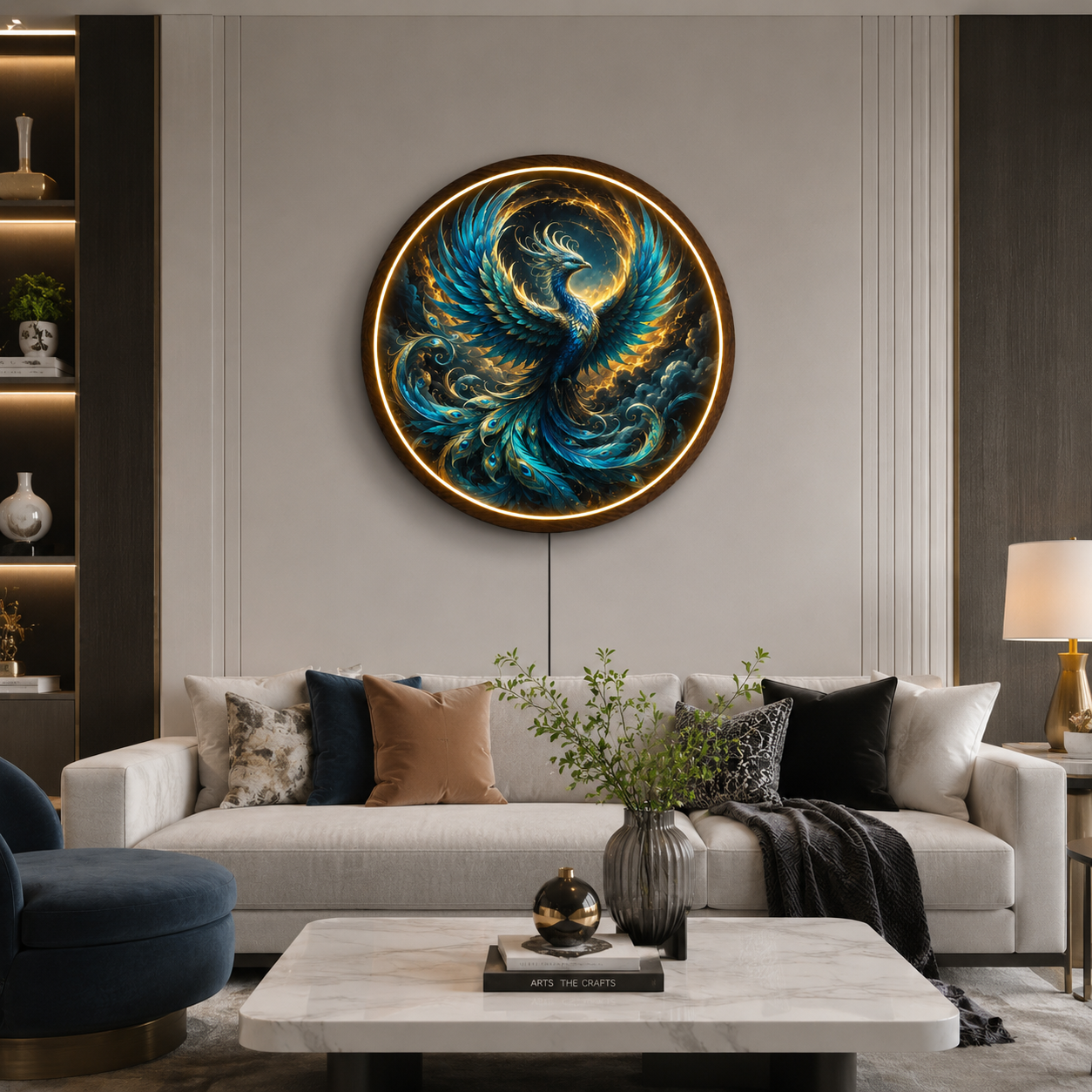 Blue Phoenix LED Round Wall Art | Mythical Bird of Fire and Rebirth Home Decor Light Painting with 3 Size Options and 12V Safe Driver System Led 51