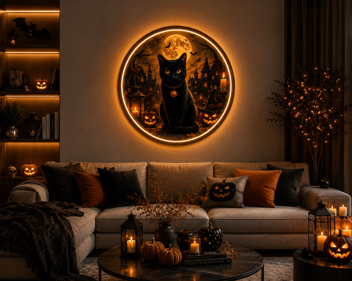 Mystic Black Cat and  Haunted Castle Round LED Wall Sign | Spooky Halloween Glow Night Light Decor Led 56
