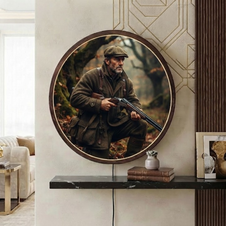 Hunter LED Round Wall Art | Gentleman Hunter with Shotgun in Forest Home Decor Light Painting with 3 Size Options and 12V Safe Driver System Led 30
