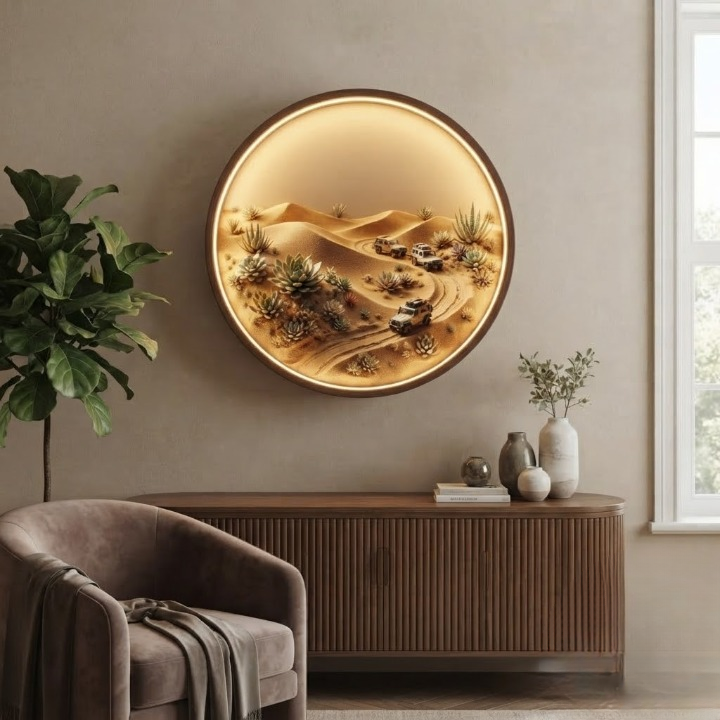 Desert Off-Road SUV Round LED Wall Art - Illuminated Sand Dunes and Succulents Decor Led 11