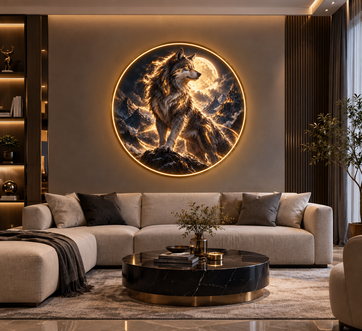 Mystical Moonlight Wolf LED Round Wall Art led 186