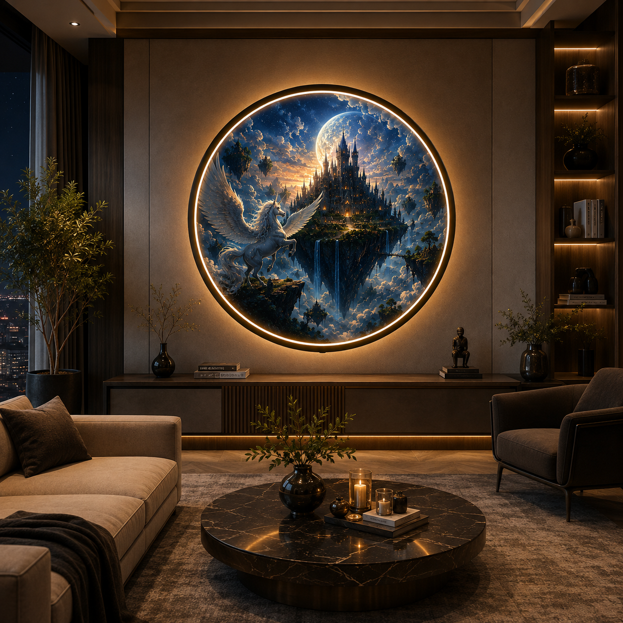 Fantasy Winged Unicorn & Castle LED Wall Art - Round Moonlit Sky Landscape with 12V Driver, Ambient Night Light for Living Room & Bedroom Decor Led 91