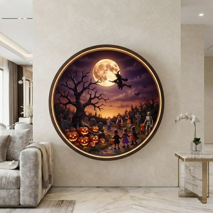 Halloween Spooky Night LED Round Wall Art | Festival Home Decor Light Painting with 3 Size Options and 12V Safe Driver System Led 42