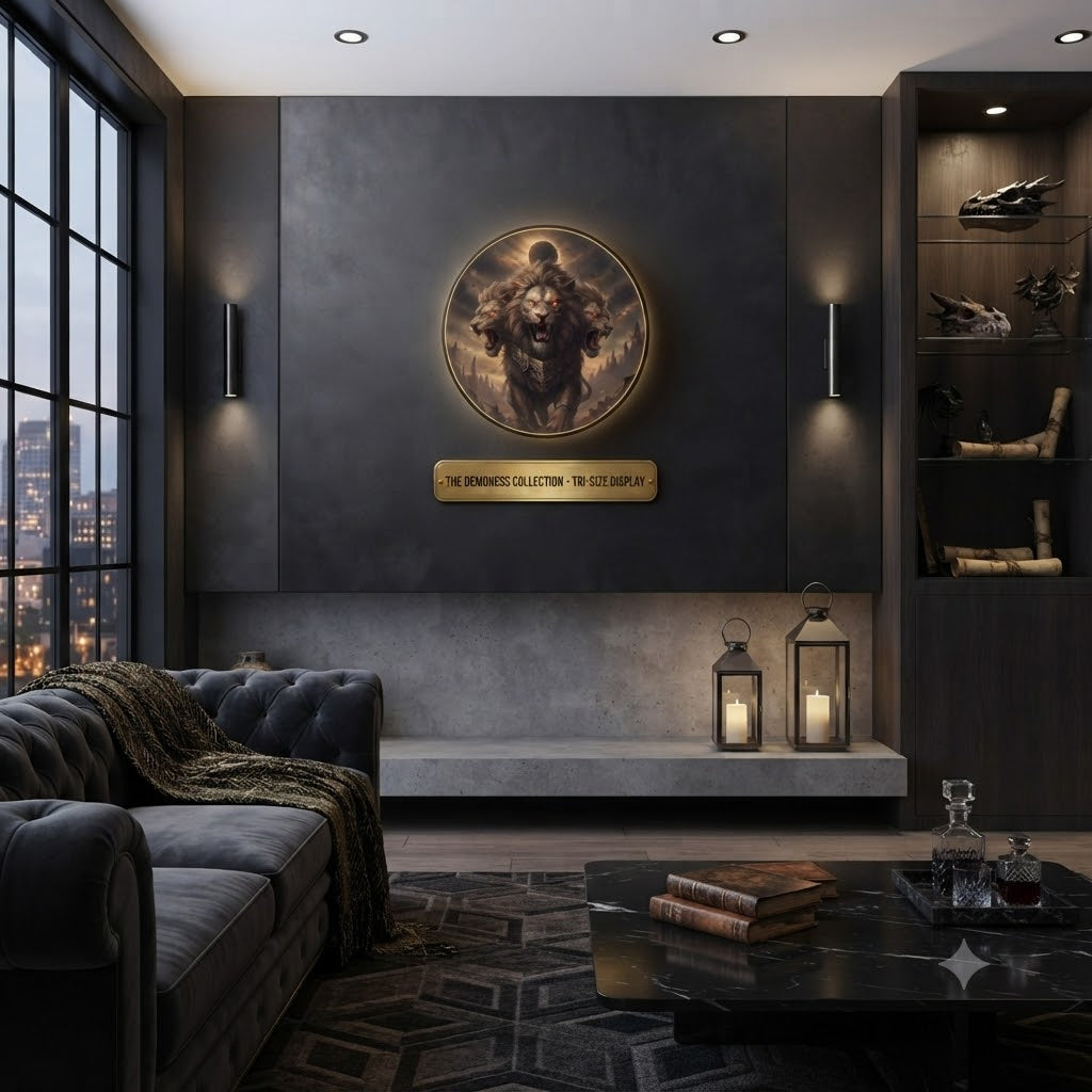 Tri-Headed Demon Lion Round LED Wall Art Collection led 201