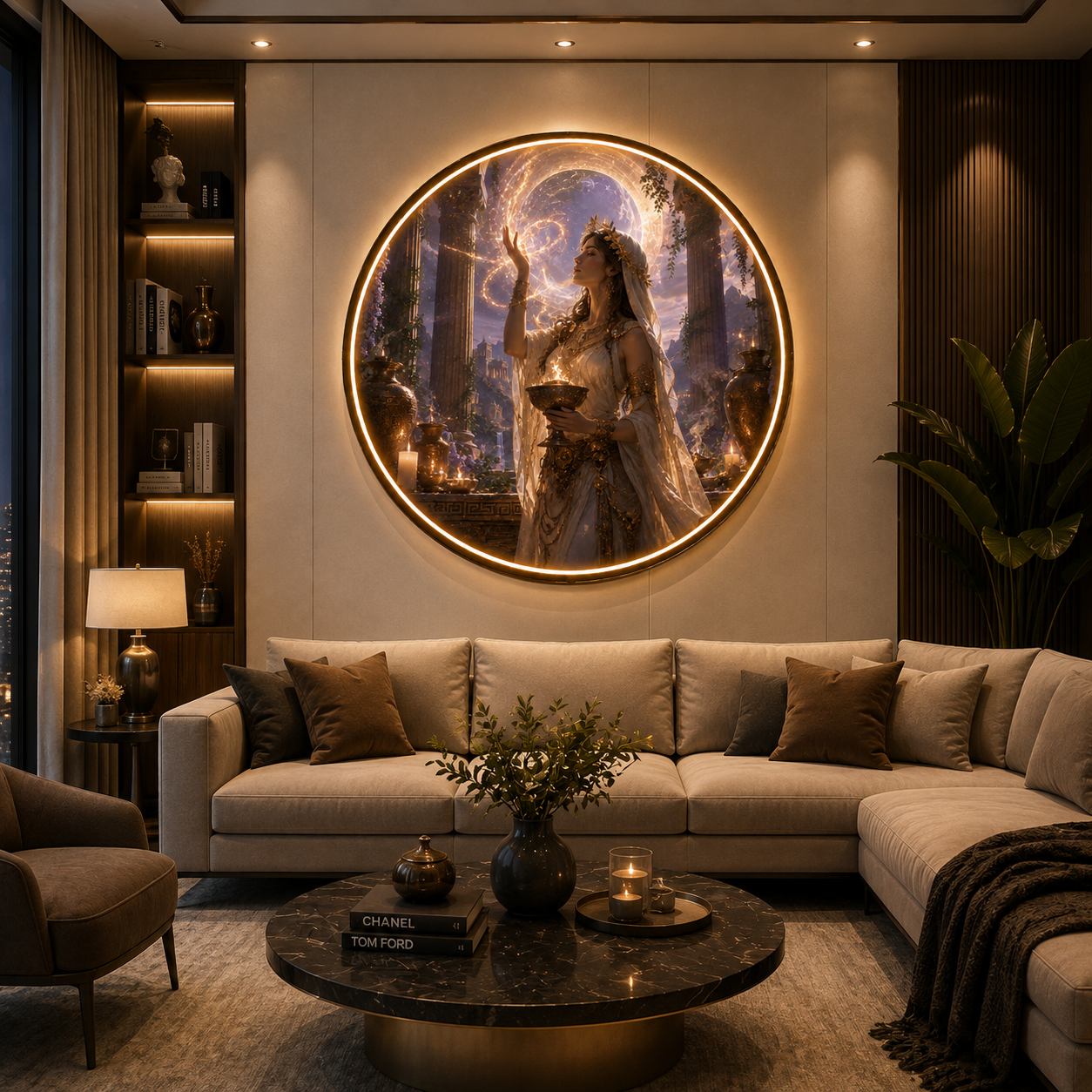 Ethereal Goddess of Light: Illuminated Circular LED Wall Art led 153