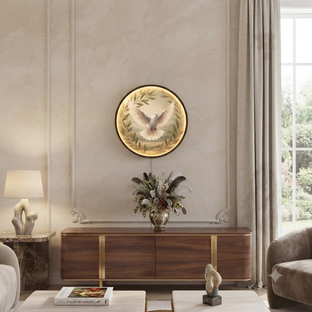 Handcrafted Round LED Peace Dove Wall Art - Olive Branch and Flying Dove Illuminated Decor Led 16