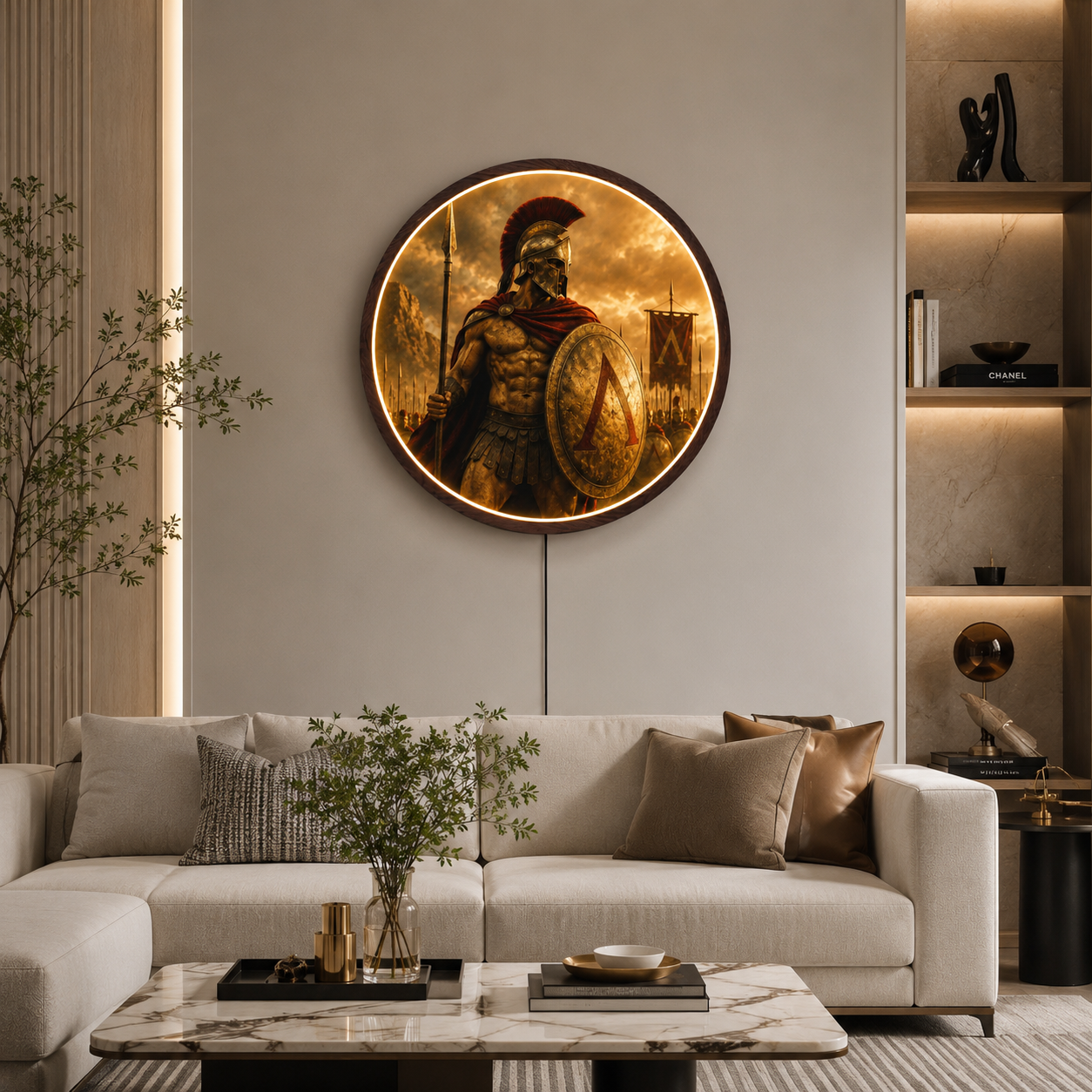 Spartan Warrior LED Round Wall Art | Ancient Greek Soldier with Spear and Shield Home Decor Light Painting with 3 Size Options and 12V Safe Driver System Led 49