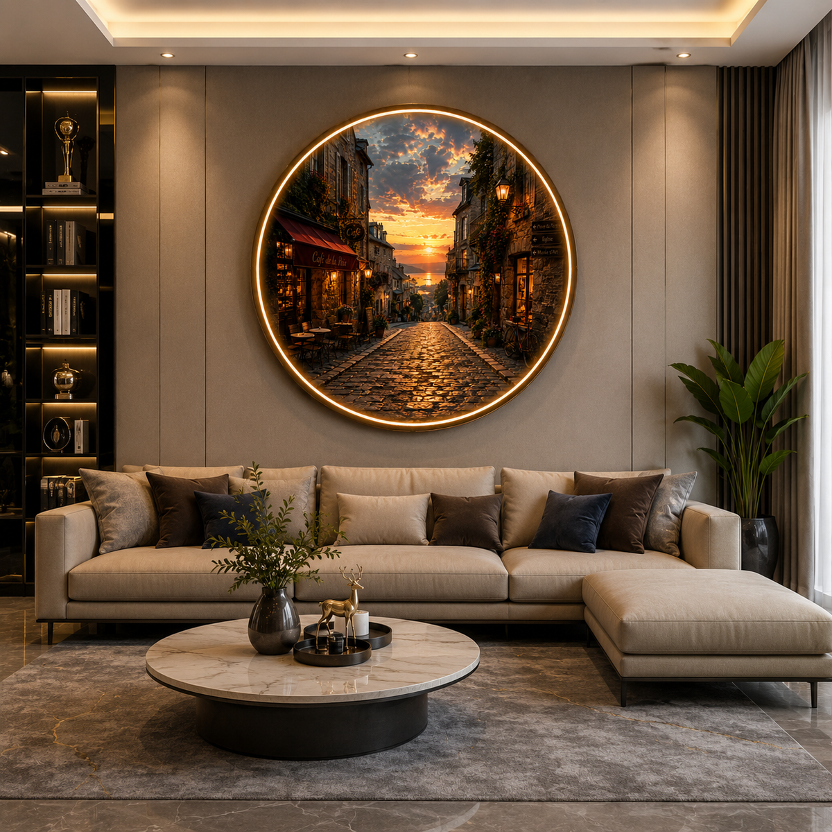 Round LED Glowing Wall Art - European Sunset Street & Cafe Decor, Modern Home & Living Room Lighting led 128