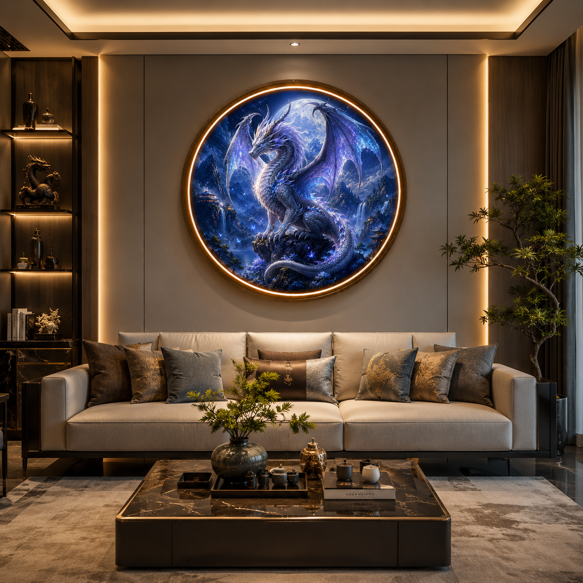 Round LED Glowing Wall Art - Mythical Winged White Dragon & Moonlit Mountain Decor, Modern Home & Living Room Lighting led 133