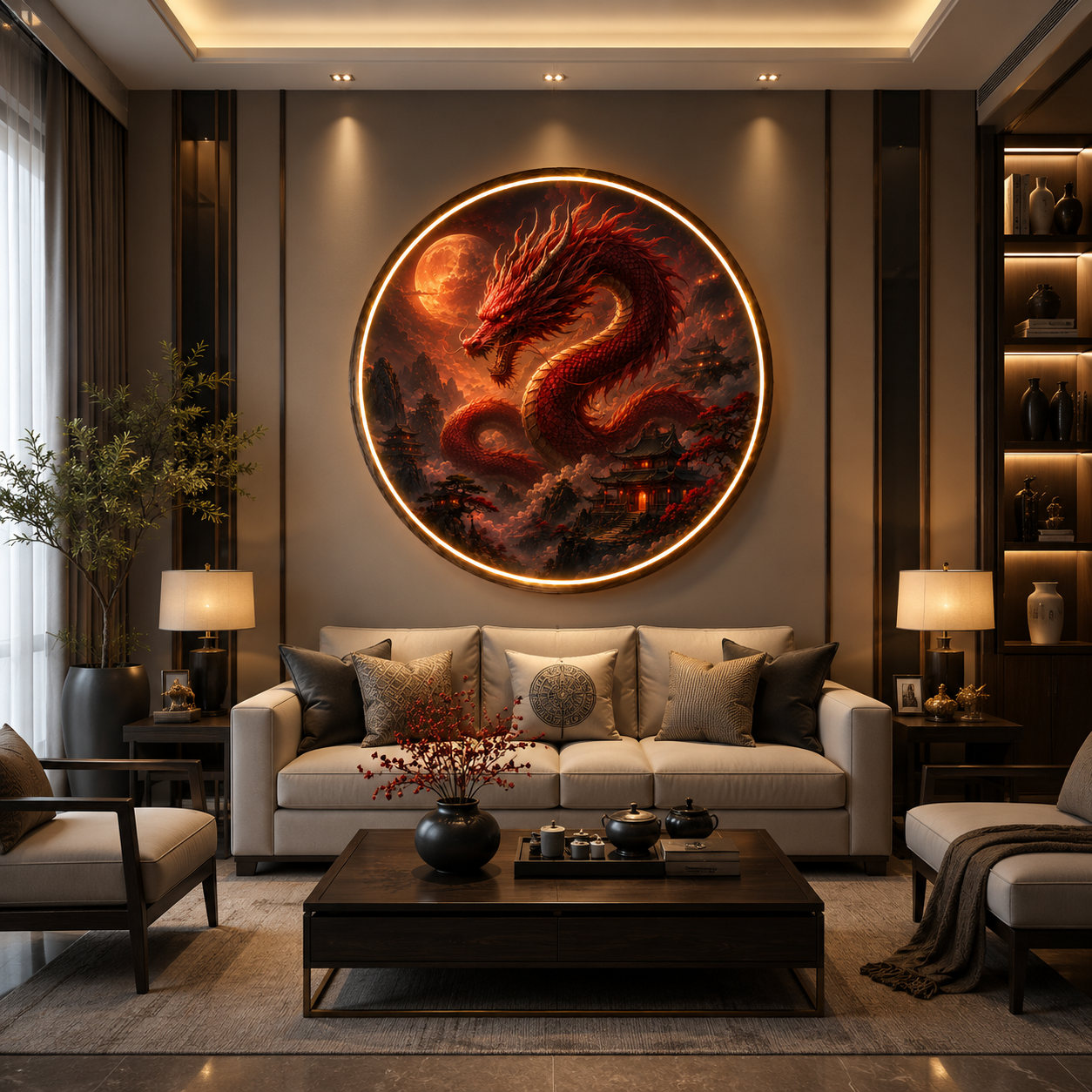 Crimson Blood Moon Dragon 3D LED Wall Art - Illuminated Fantasy Decor Led 74