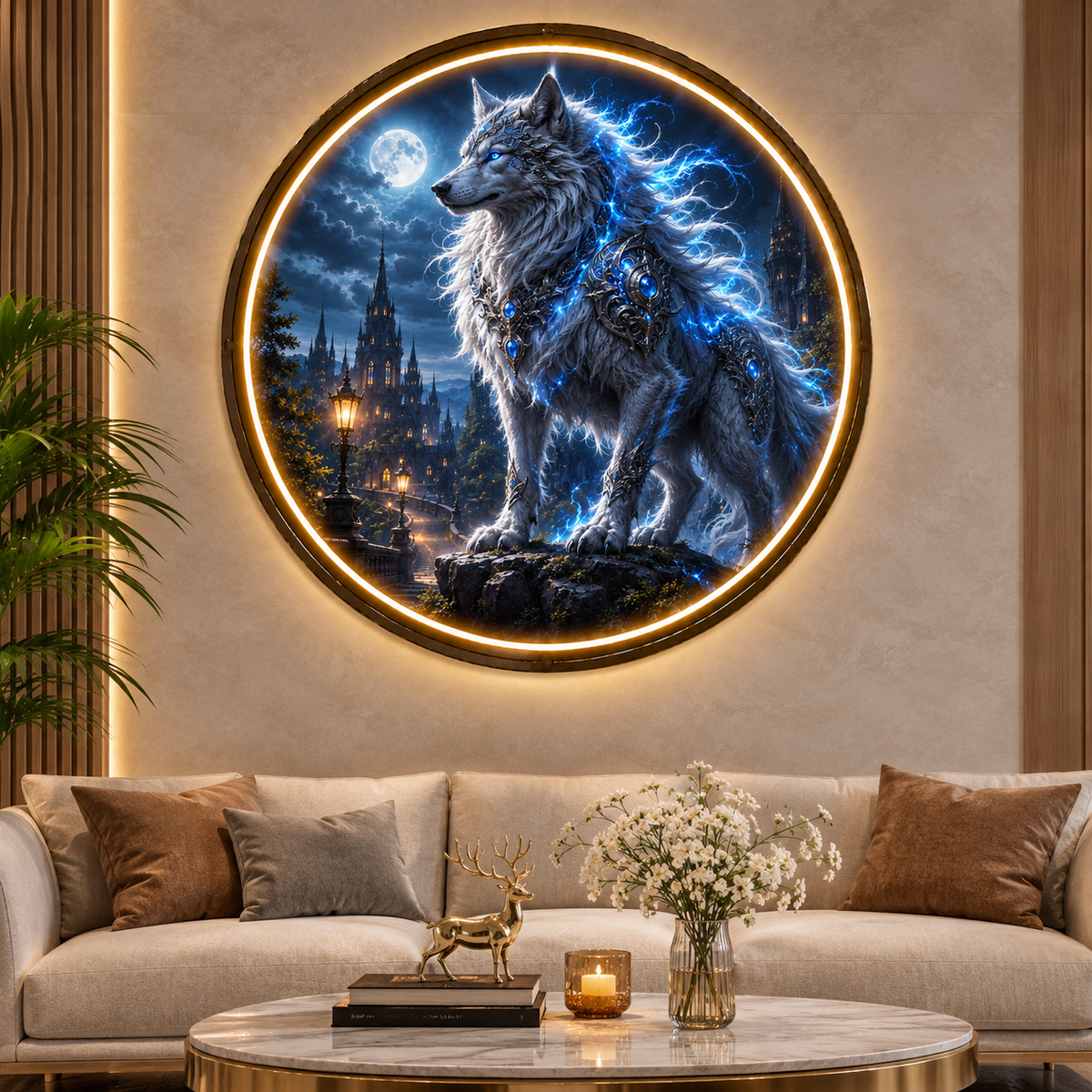 Mystical White Wolf LED Round Wall Art led 175