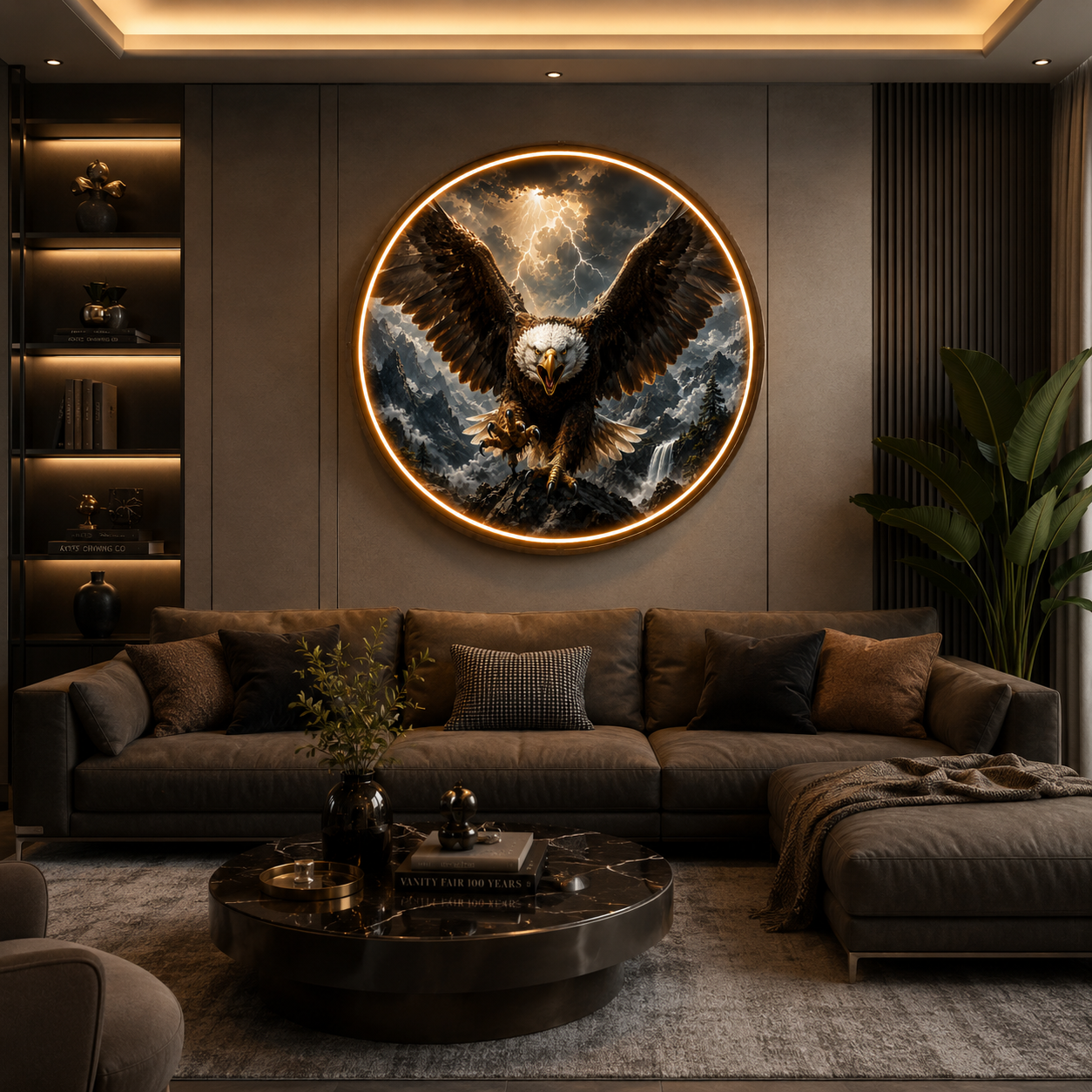 > `Round LED Glowing Wall Art - Majestic Bald Eagle and Thunderstorm Decor, Modern Home Living Room Lighting` led 126