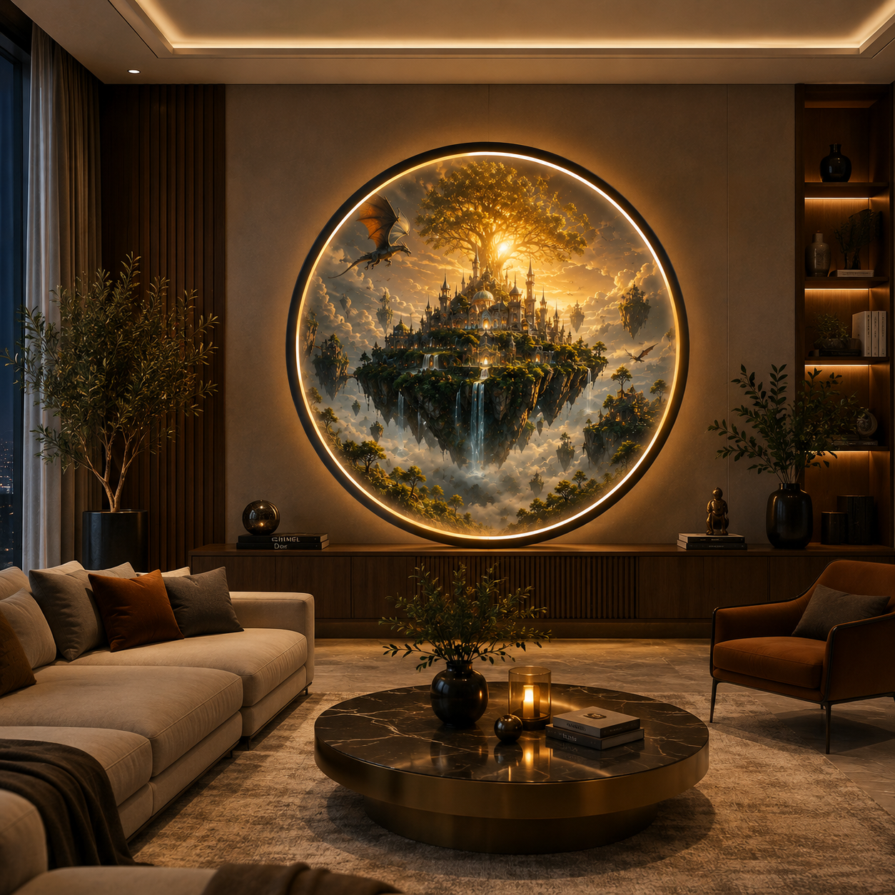 Fantasy Floating Castle LED Wall Art - Round Sunset Landscape with World Tree & Dragon, 12V Driver Ambient Night Light for Living Room Decor Led 90