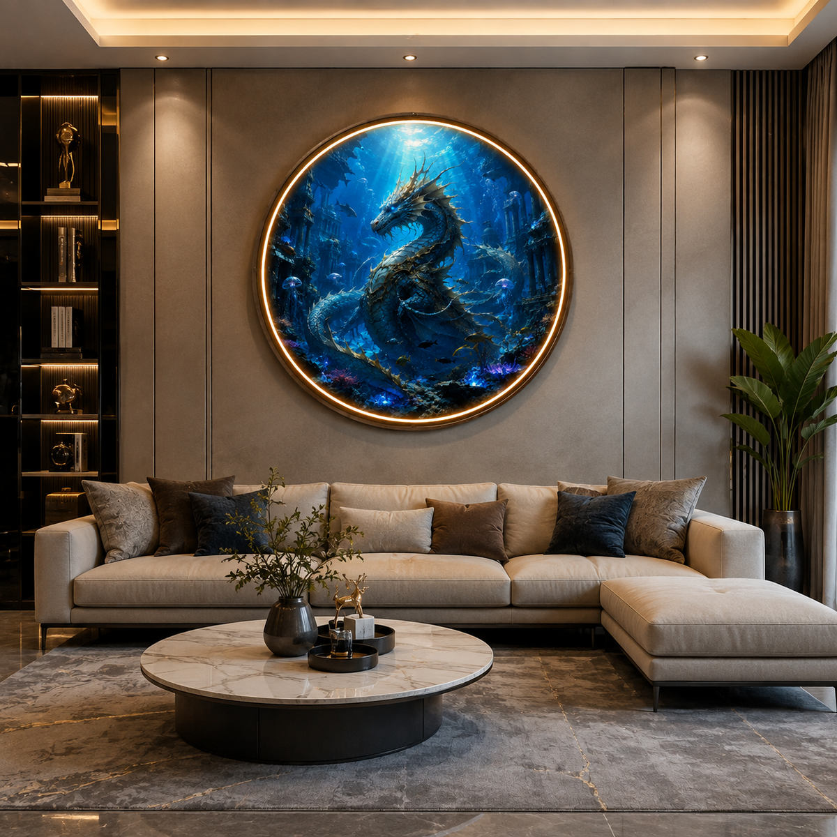 Round LED Glowing Wall Art - Mythical Underwater Sea Dragon & Sunken City Decor, Modern Home & Living Room Lighting led 127