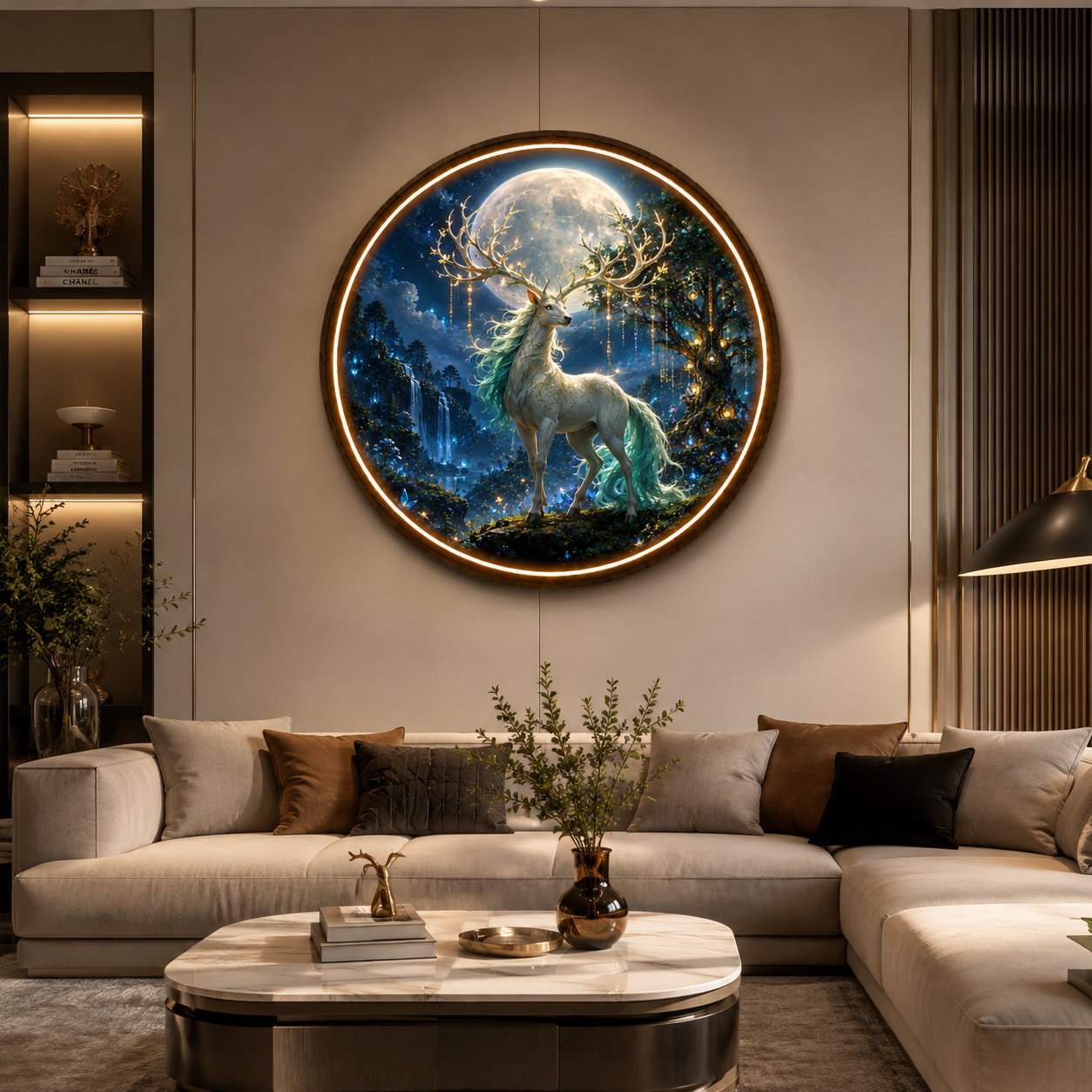Enchanted Deer LED Round Wall Painting, Glowing Fantasy Forest & Full Moon Decor for Home led 139