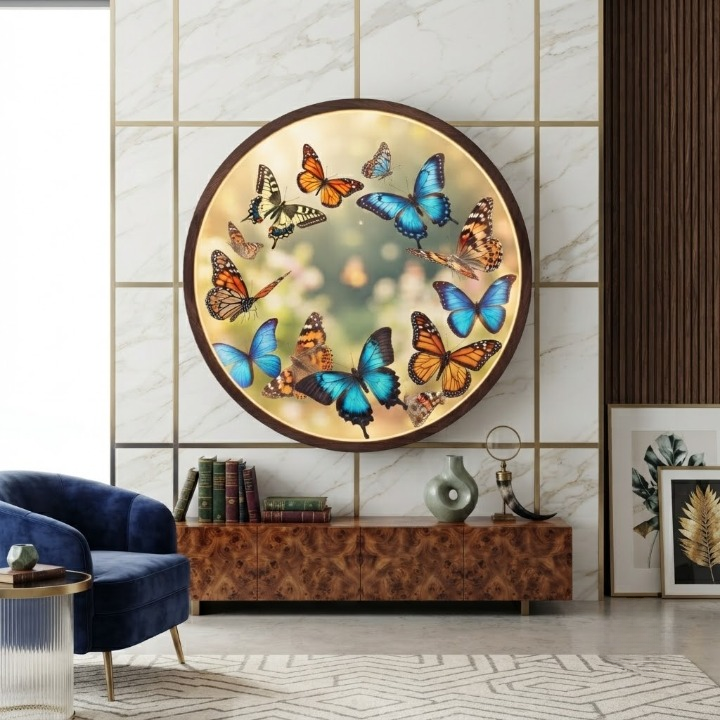 Round Butterfly LED Wall Art Light – Illuminated Circle Butterfly Canvas Lamp for Living Room Led  31 & Bedroom Decor