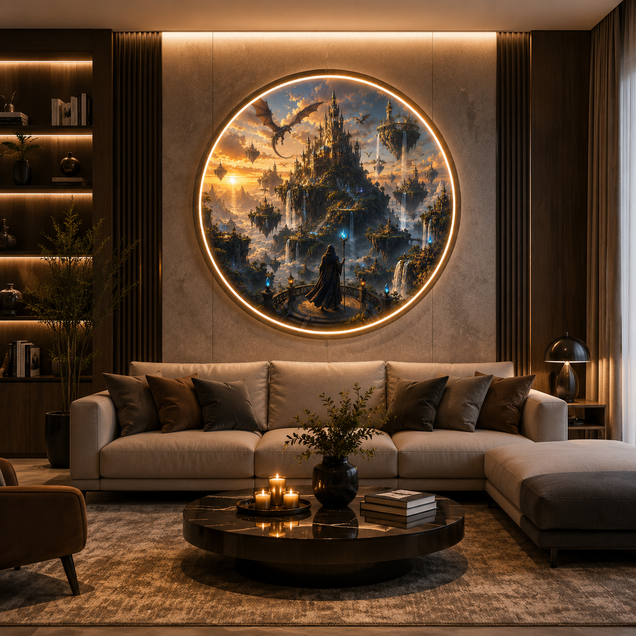 Fantasy World Round LED Wall Art – Magical Floating Castle & Wizard Illuminated Home Decor led 119