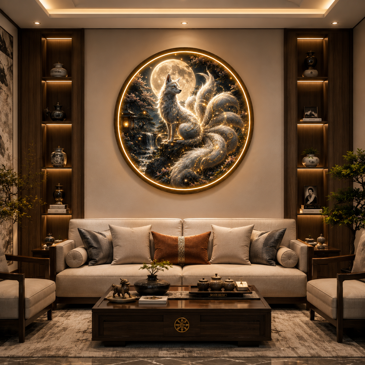 Premium Fantasy Kitsune LED Wall Art | Luminous Nine-Tailed Fox Moon Light | Japanese Mythical Wall Decor | Elegant Home Accent Gift led 77