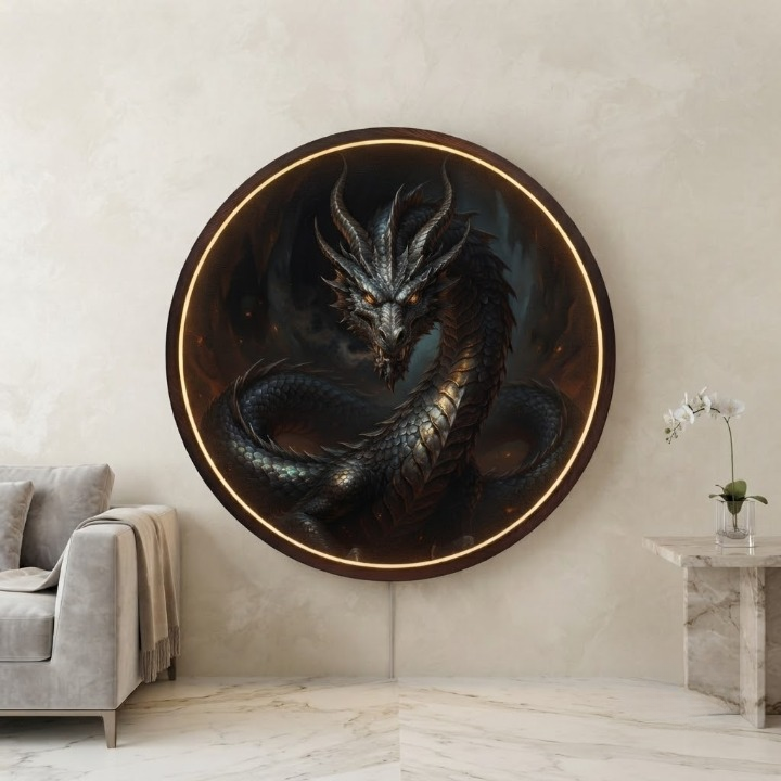 Mystical Dragon LED Round Wall Art | Fantasy Home Decor Light Painting with 3 Size Options and 12V Safe Driver System Led 45