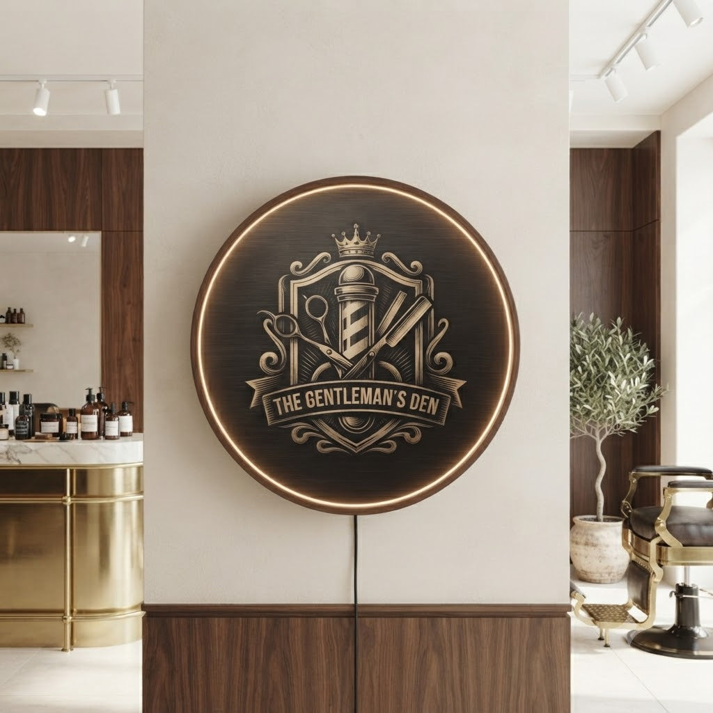 Handcrafted Round LED "The Gentleman's Den" Barbershop Wall Art Led 7