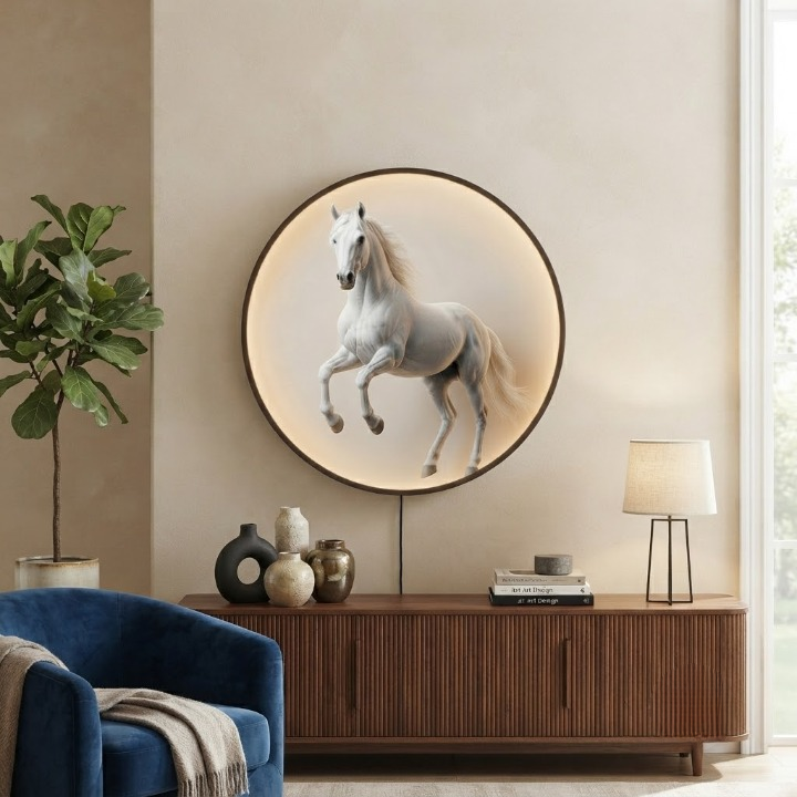 Modern Majestic White Horse LED Wall Lamp - Dimmable Round Art Painting Light for Living Room and Bedroom Led 12