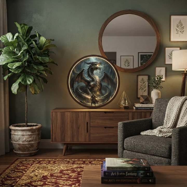 Evocative and Premium (Focuses on the atmosphere)Illuminate Your Legend: The Dragon's Lair LED Art Piece Led 71