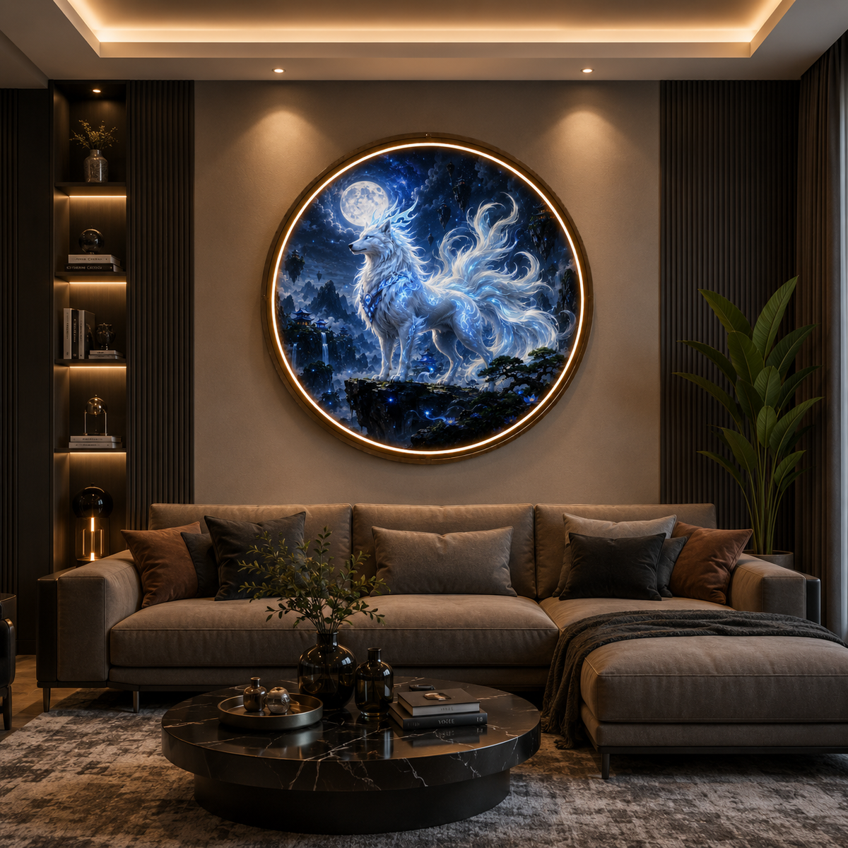 Round LED Glowing Wall Art - Mythical Nine-Tailed White Wolf & Moonlit Fantasy Decor, Modern Home & Living Room Lighting led 134