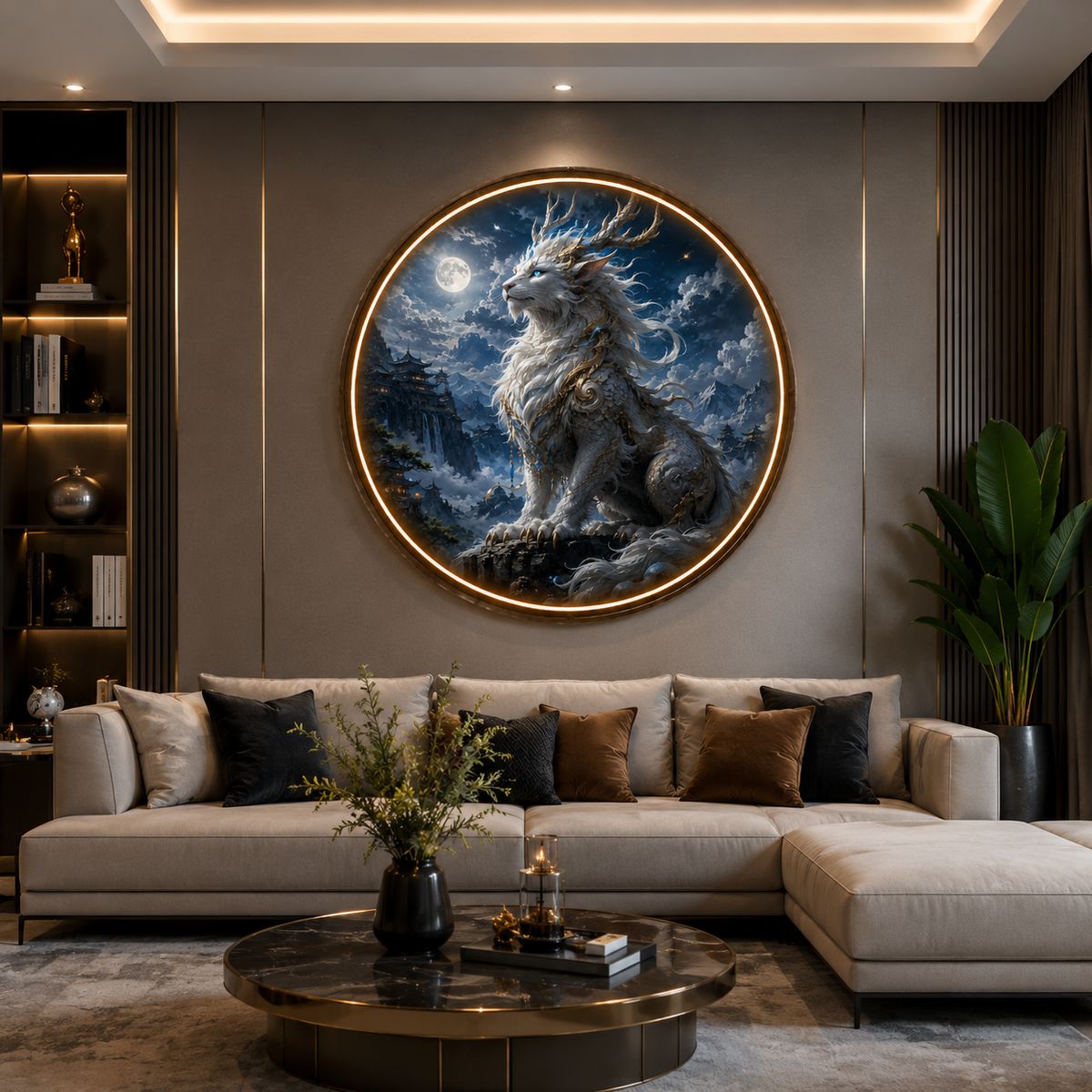Round LED Glowing Wall Art - Mythical White Qilin & Moonlit Mountain Temple Decor, Modern Home and Living Room Lighting led 129