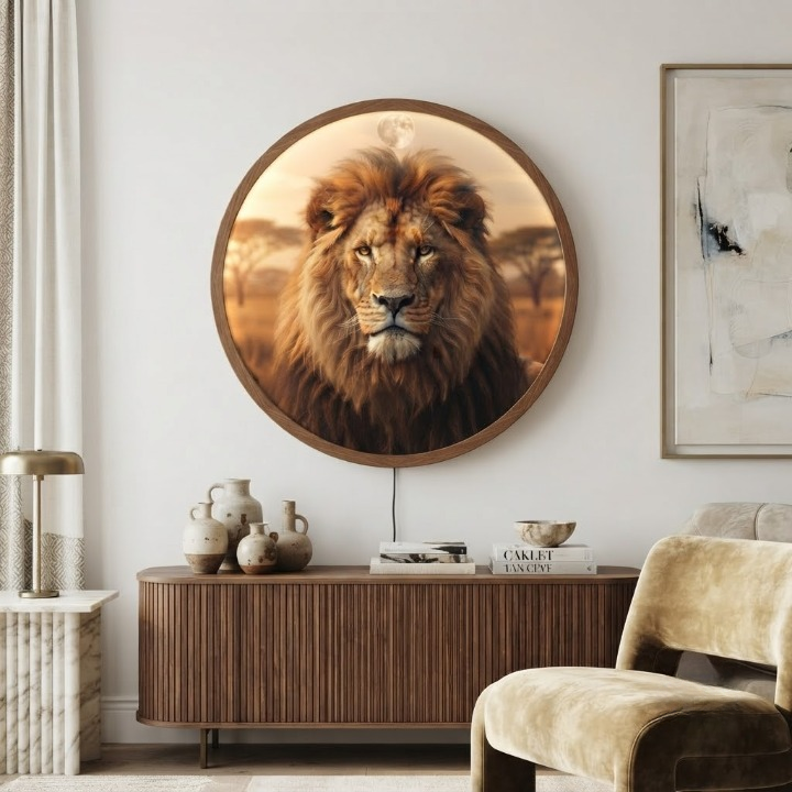 Majestic Lion Round LED Wall Art – Backlit Savannah Wild Animal Decor Led 2