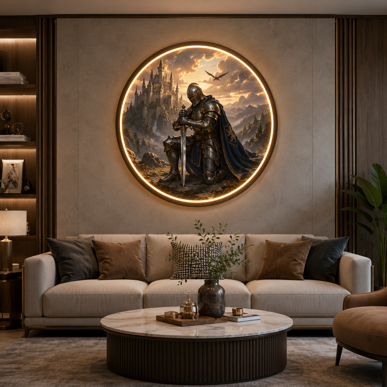 Round LED Knight Wall Decor, Fantasy Castle Illuminated Art, Home and Living Accent led 111