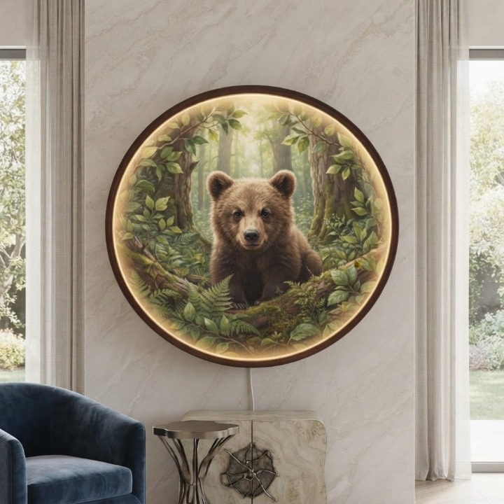 Handcrafted Round LED Cute Baby Bear Wall Art - Modern Forest-Themed Acrylic Home Decor Led 15