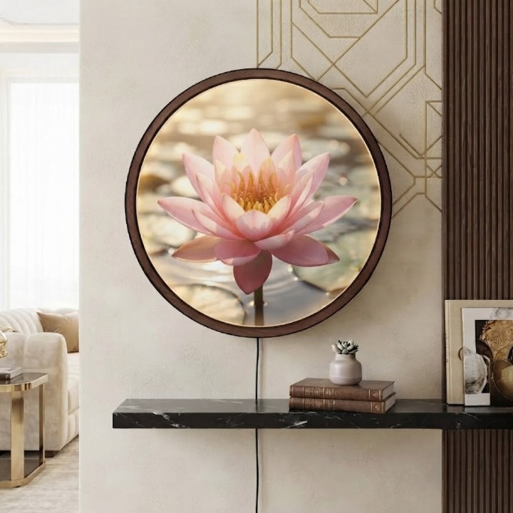 Pink Lotus LED Round Wall Art | Zen Floral Home Decor Light Painting with 3 Size Options and 12V Safe Driver System Led 25