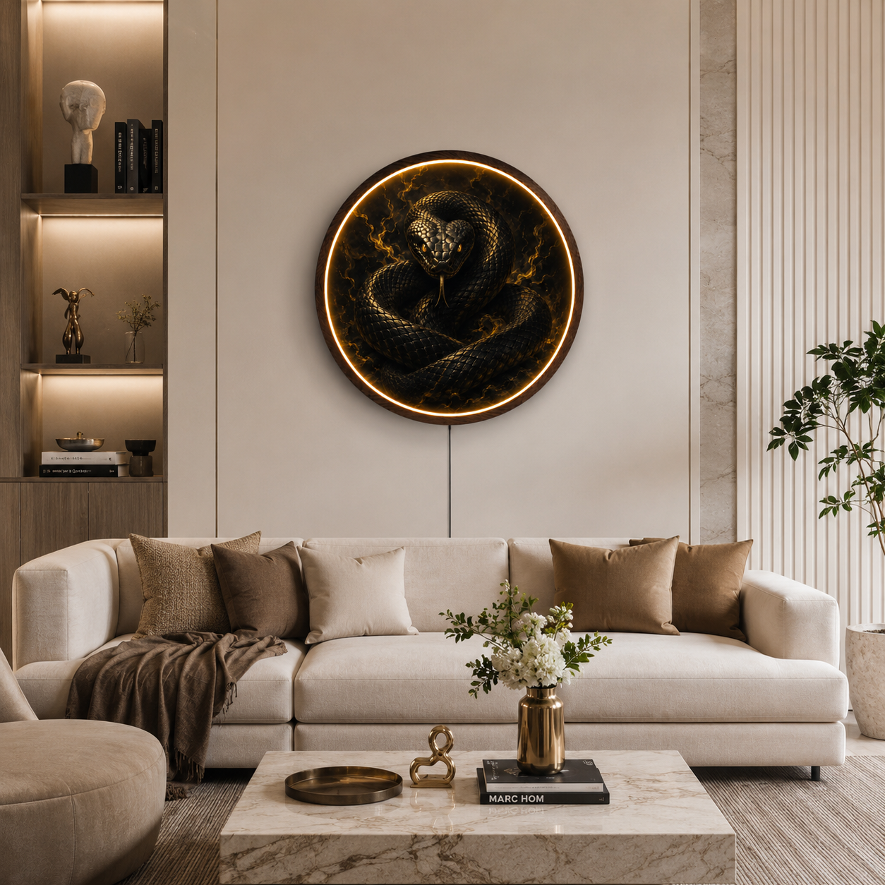 Black Snake LED Round Wall Art | Golden Vipers and Mystic Serpent Home Decor Light Painting with 3 Size Options and 12V Safe Driver System Led 50