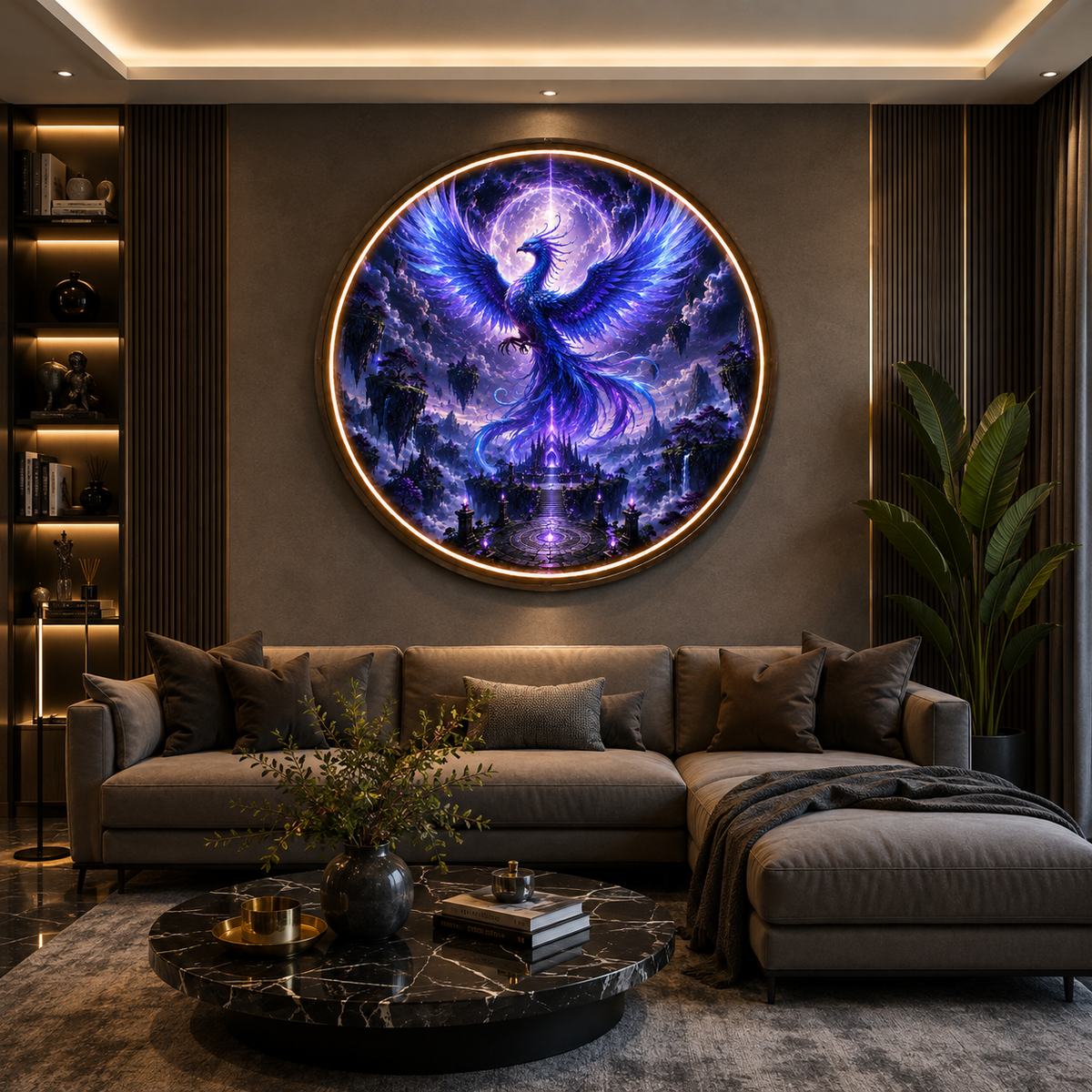Round LED Glowing Wall Art - Mythical Blue Phoenix & Celestial Temple Decor, Modern Home & Living Room Lighting led 131